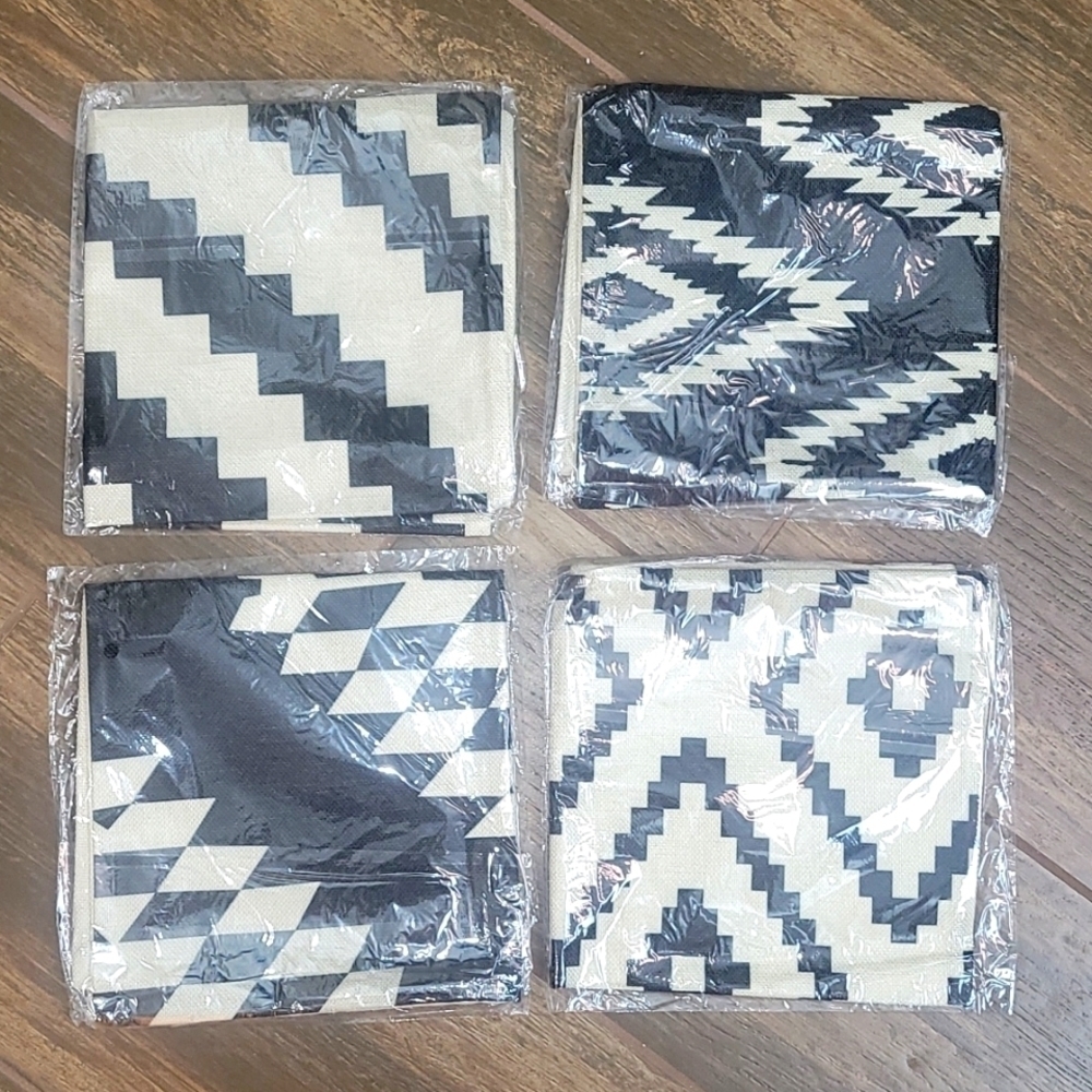 Geometric Jute Pillow Cases Set of 4 Black Cream - Picture 2 of 4